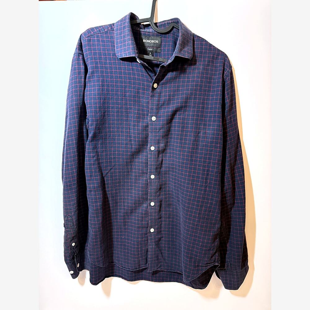 Bonobos Flannel Shirt Mens M Slim Fit Navy Red Windowpane Cotton Button Down
